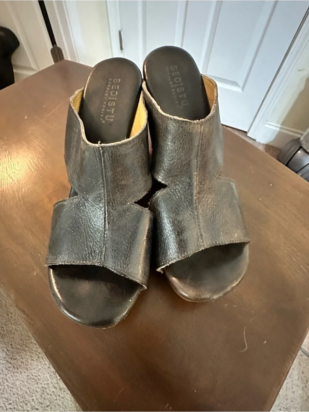 Bed Stu Black Leather and Wood Wedge Sandals